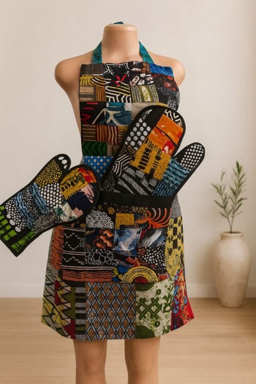 African Patchwork Apron Set – Apron + 2 Oven Mitts