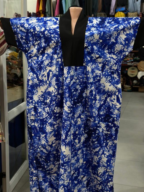 Elegant Blue & White Batik Kaftan with Black Neckline