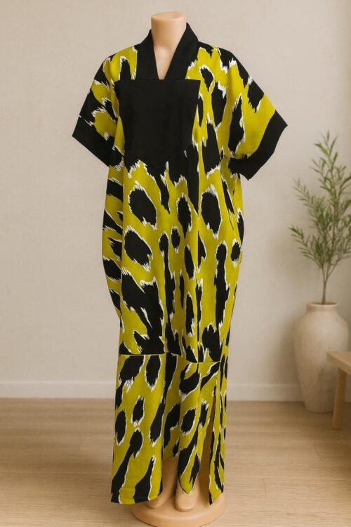 Bold Yellow & Black Print Kaftan – Free Size