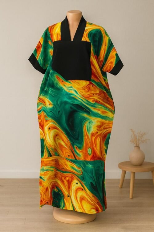 Vibrant Swirl Print Kaftan Dress with Black Accent