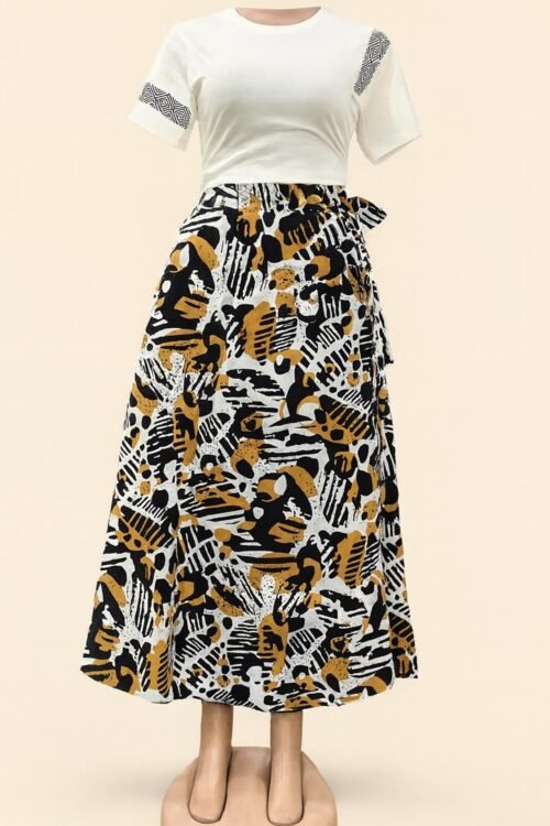 Abstract Wrap Skirt – Mustard, Black & White-kitenge