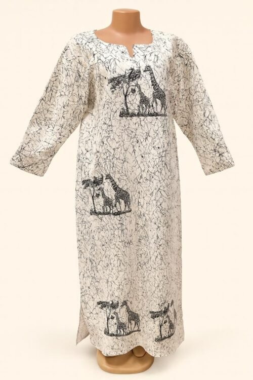 African Safari Print Kaftan – White & Black Long Free-Size Dress