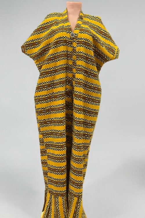 African Striped Kaftan – Yellow & Brown Traditional Long Dress