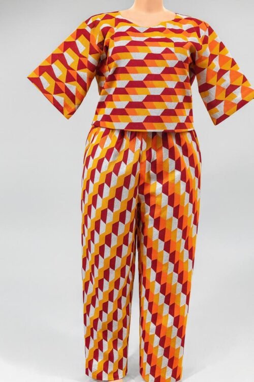 Striped Blue & Black African Outfit – Kimono Top & Belted Pants