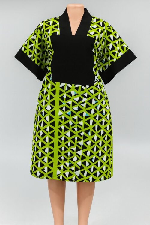 African Short Dress – Green & Black Geometric Print