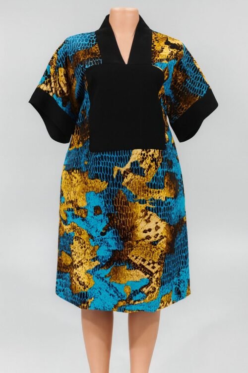 African Ankara Short Dress – Blue, Gold & Black Traditional Print