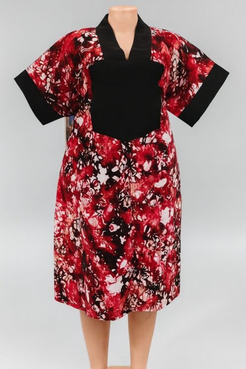 African Ankara Short Dress – Red, Black & White Abstract Print