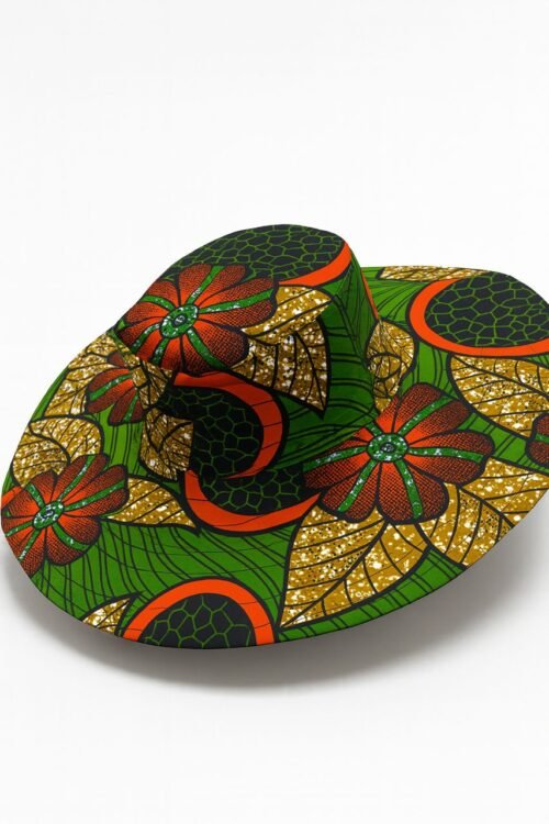 African Floral Print Wide-Brim Hat – Green, Orange & Gold