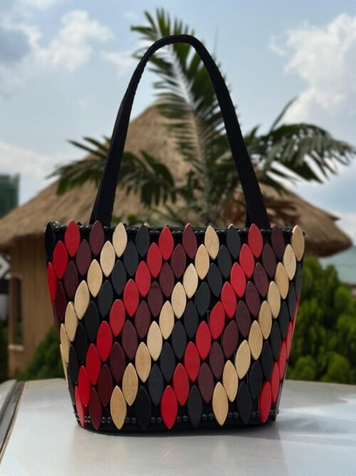 Handcrafted Wooden Bead Tote Bag – Red, Black & Natural