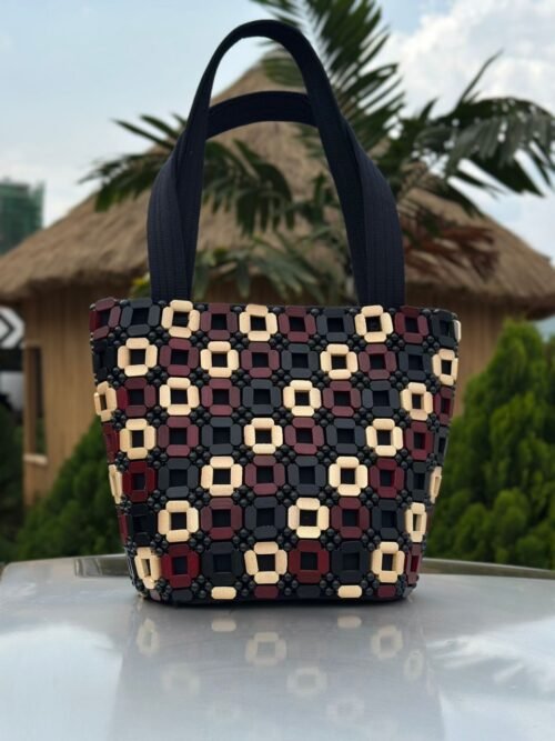 Handcrafted Wooden Mosaic Tote Bag – Beige, Black & Maroon