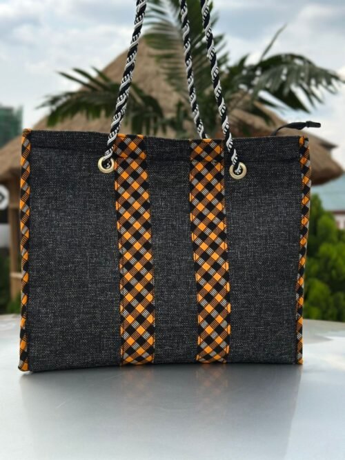 African-Inspired Tote Bag – Black & Orange Checkered Design