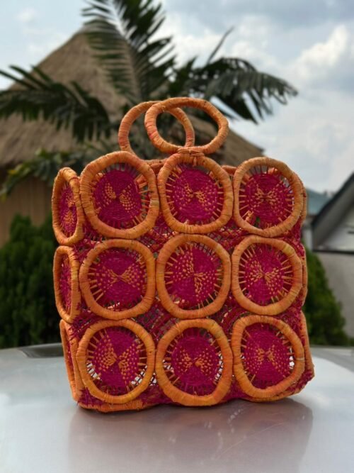 Handwoven Raffia Bag – Orange & Pink Circle Design