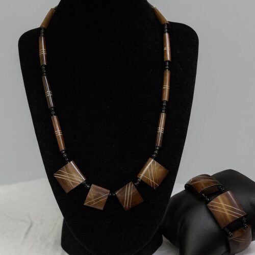 Brown Geometric Bead Necklace & Bracelet Set
