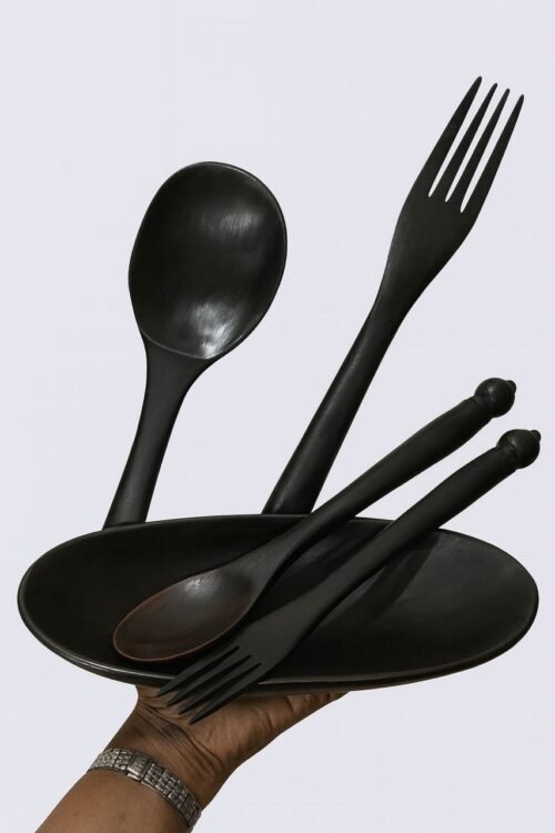 Handcrafted Wooden Serving Set – Spoon, Fork & Bowl in Natural