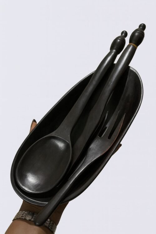 Handcrafted Wooden Serving Set – Spoon, Fork & Bowl in Natural