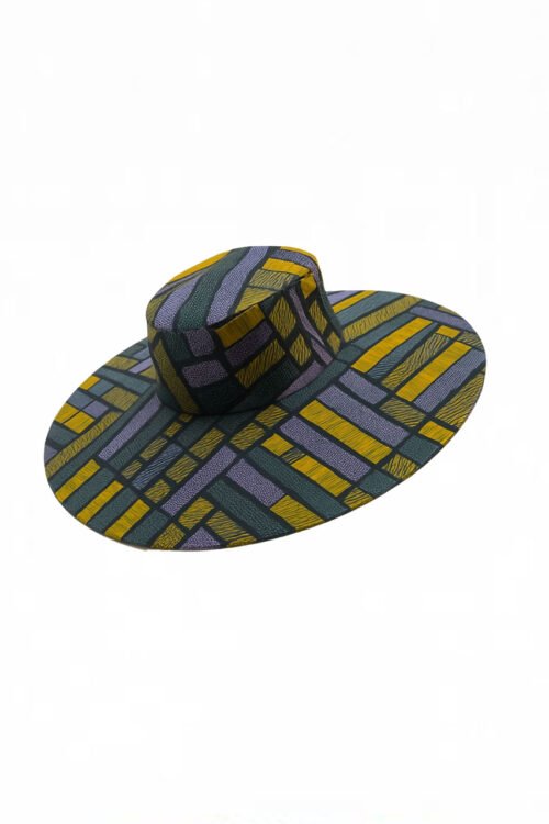 African Print Wide-Brim Hat – Mustard, Purple & Dark Grey
