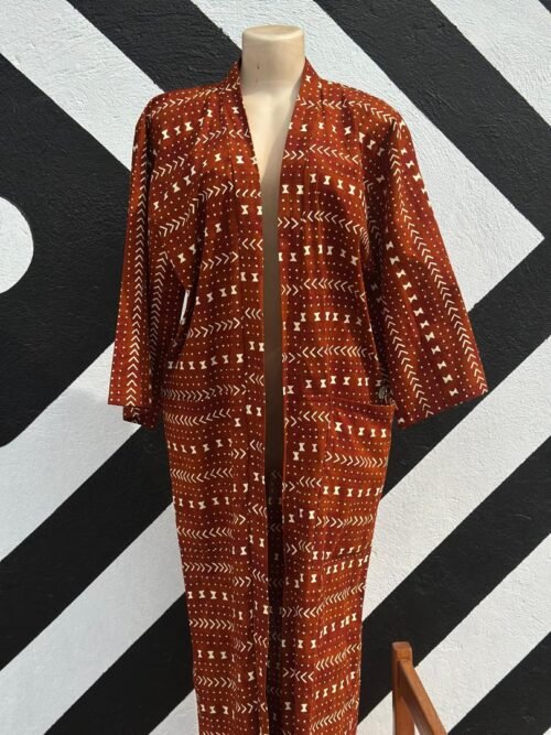 African Print Long Kimono – Brown & White Tribal Pattern