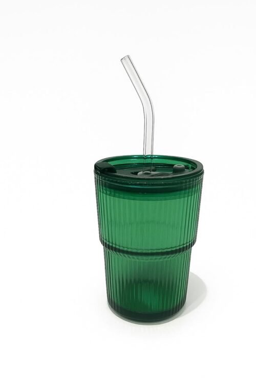 Green Ribbed Tumbler with Straw