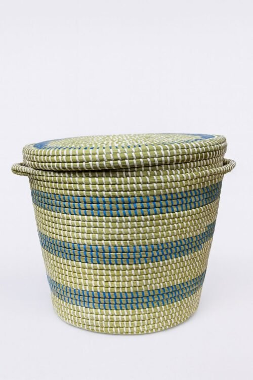 Handwoven Green & Blue Storage Basket with Lid