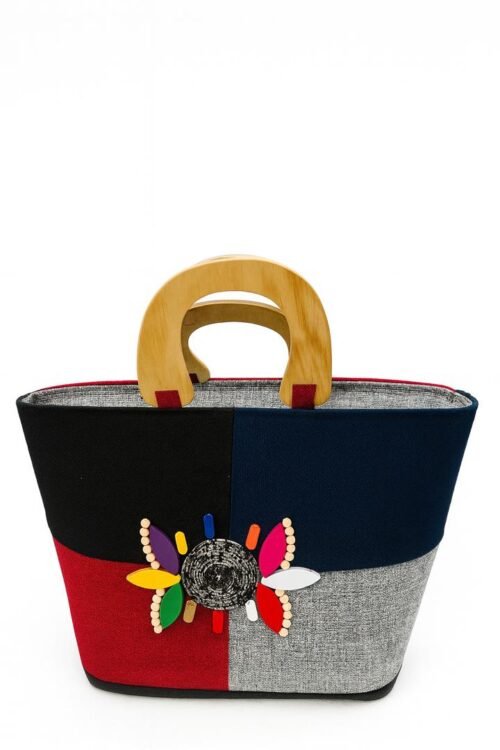 Color-Block Handbag with Wooden Handle